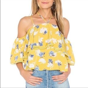 J.O.A. Floral Print Cold Shoulder Top Yellow Size Medium
